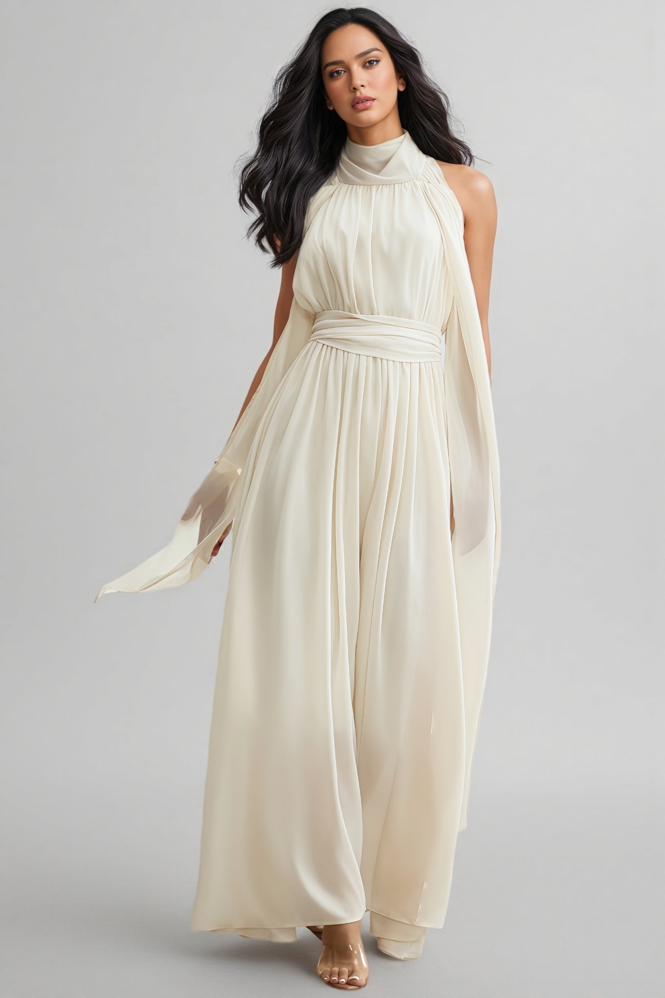 Zurilk Apricot Chiffon Backless Maxi Dress