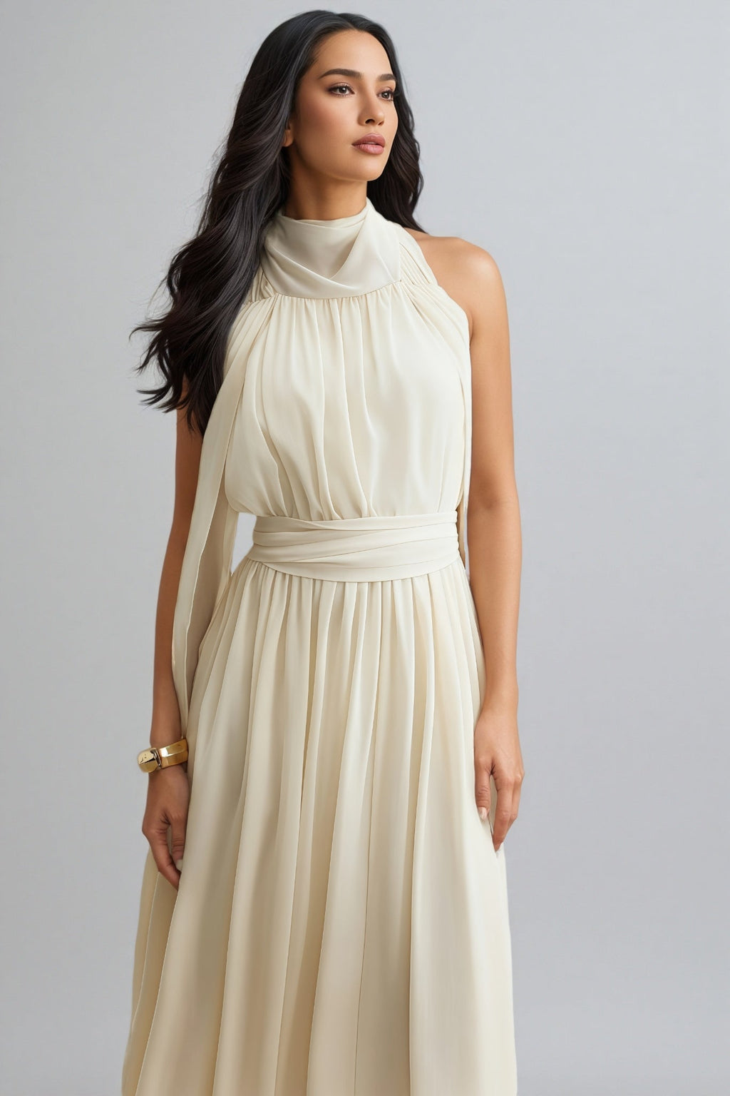 Zurilk Apricot Chiffon Backless Maxi Dress