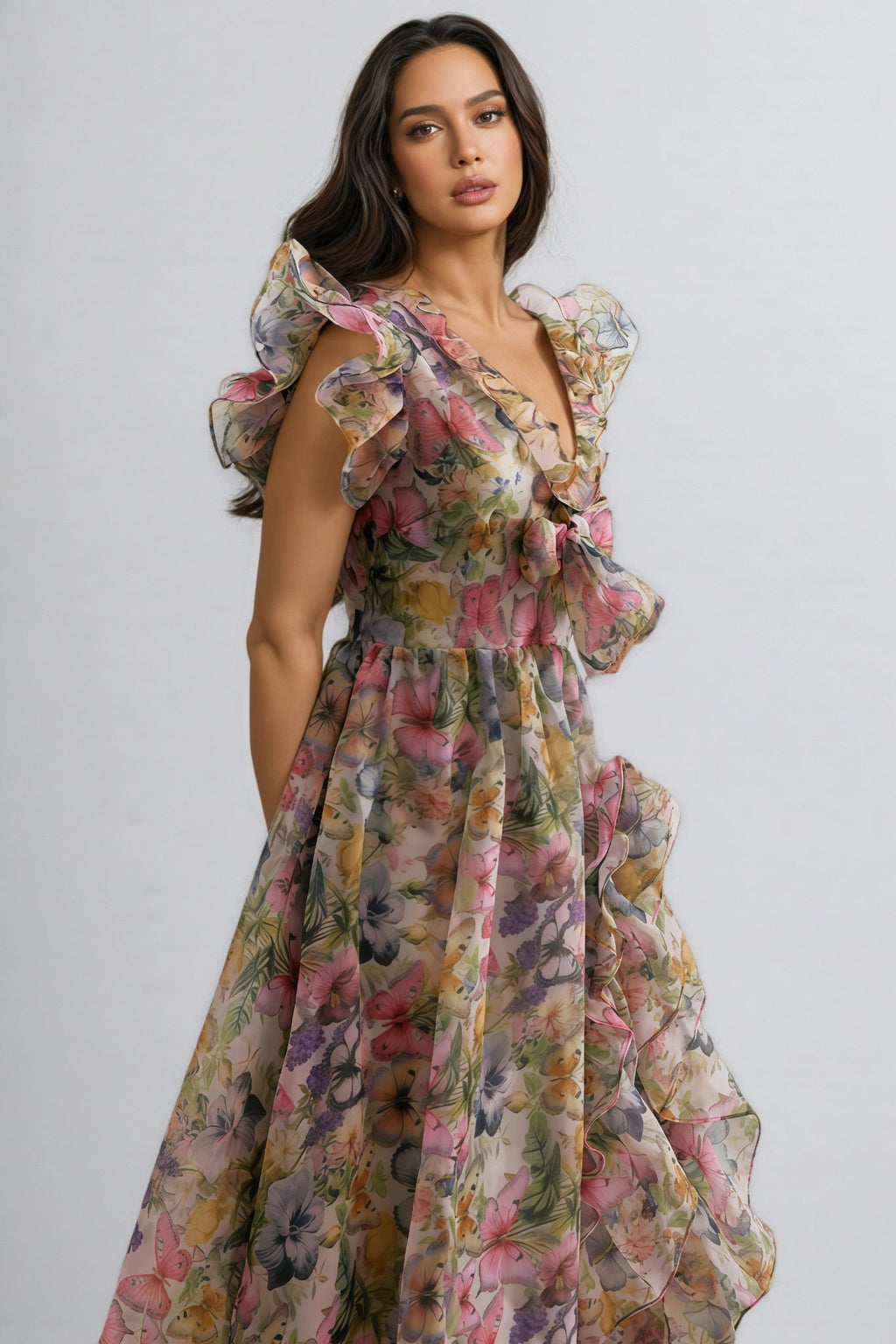 Bella Butterfly Print Ruffle Chiffon Maxi Dress