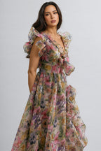 Bella Butterfly Print Ruffle Chiffon Maxi Dress