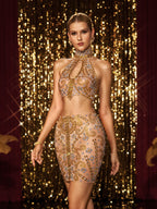 High Neck Cutout Rhinestone Skirt Set
