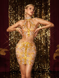 High Neck Cutout Rhinestone Skirt Set