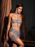 High Neck Rhinestone Mesh Mini Dress