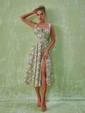 Floral Split Midi Dress In Green