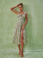 Floral Split Midi Dress In Green