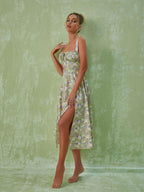Floral Split Midi Dress In Green