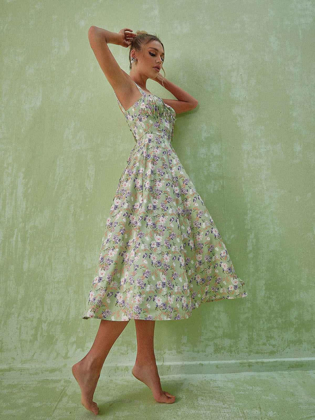 Floral Split Midi Dress In Green