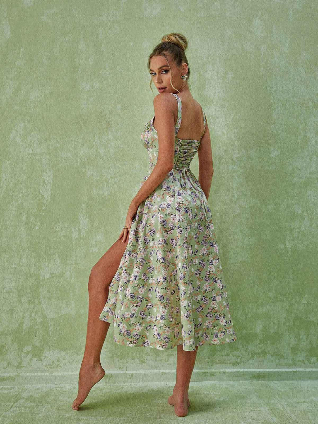 Floral Split Midi Dress In Green