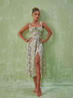 Floral Split Midi Dress In Green