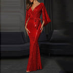 Elegant Sequins Mermaid Evening Dress Long Sleeve VNeck High Waist Corset Dress