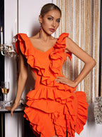 Cutout Ruffle Tiered Dress  In Orange