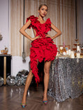 Cutout Ruffle Tiered Dress In Red