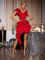 Cutout Ruffle Tiered Dress In Red