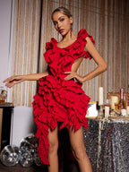 Cutout Ruffle Tiered Dress In Red