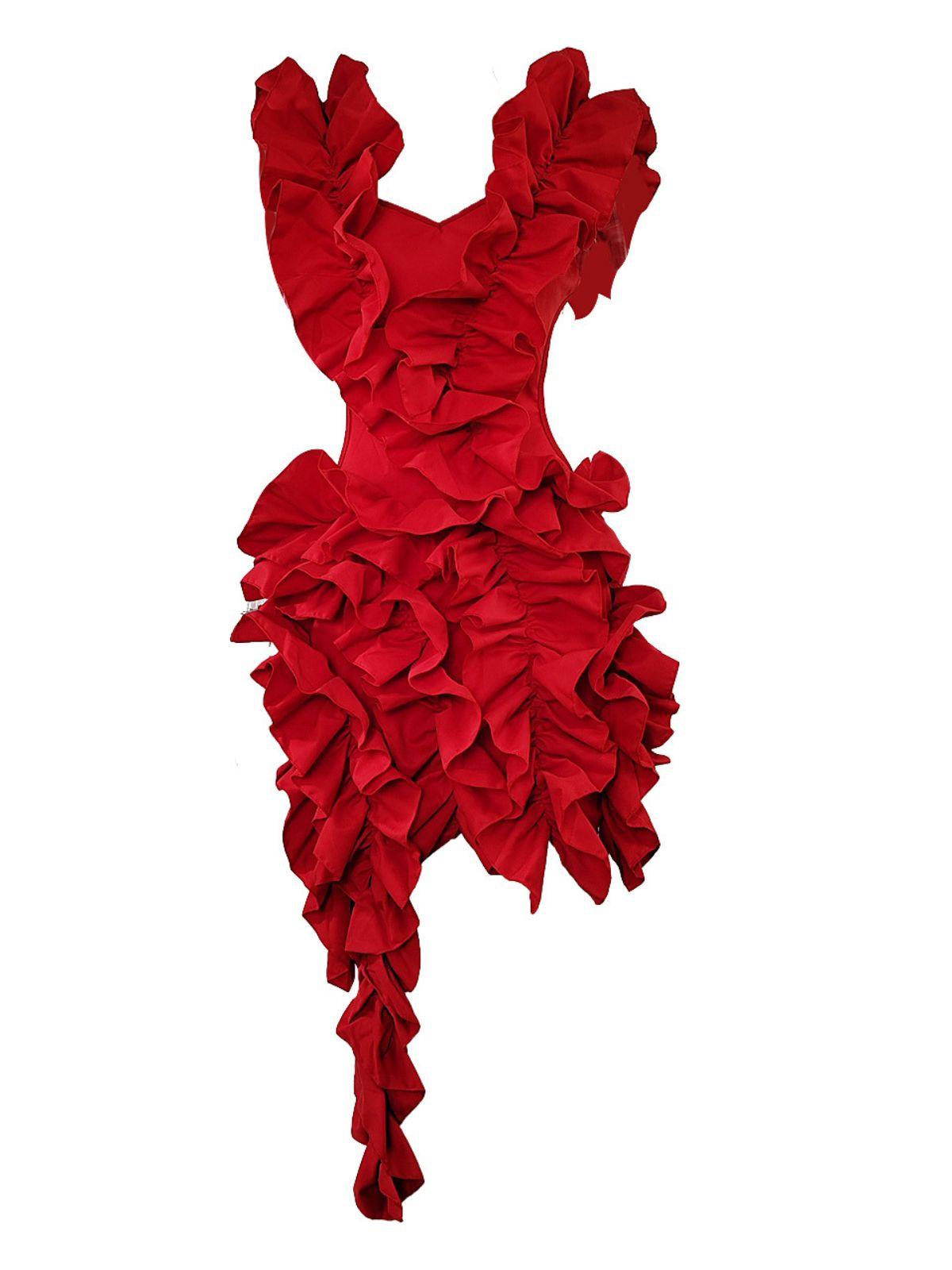 Cutout Ruffle Tiered Dress In Red