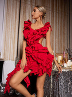 Cutout Ruffle Tiered Dress In Red