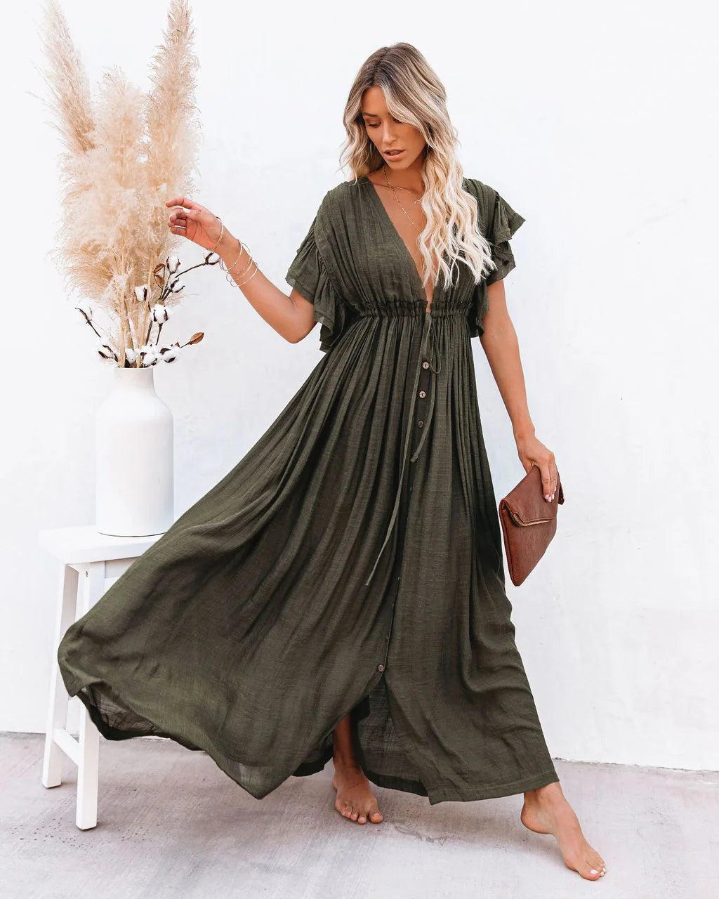 Elegant Vneck Maternity Boho Dress for Photoshoot