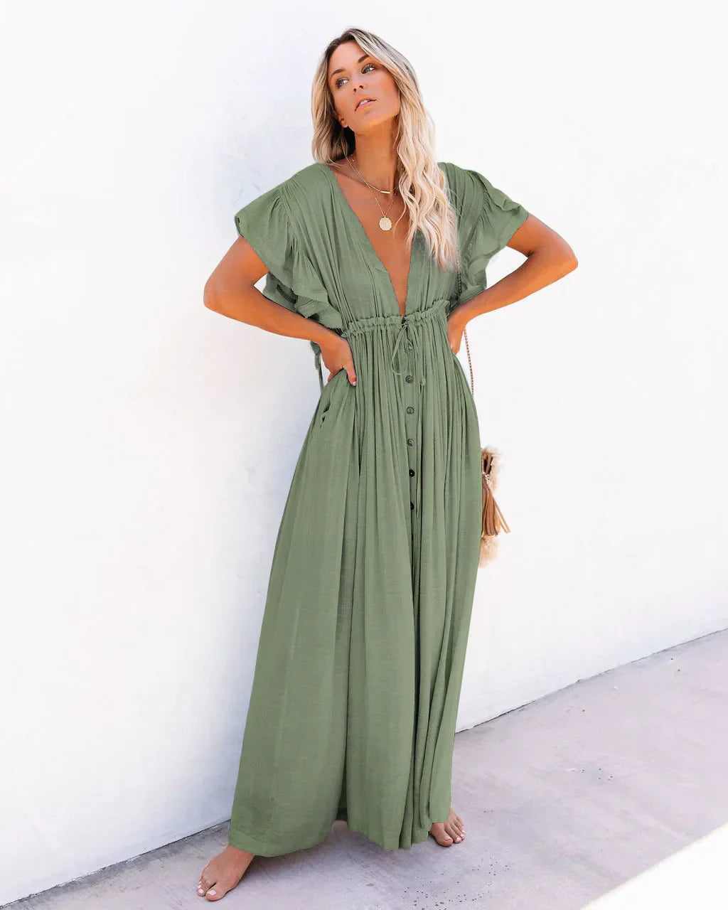 Elegant Vneck Maternity Boho Dress for Photoshoot