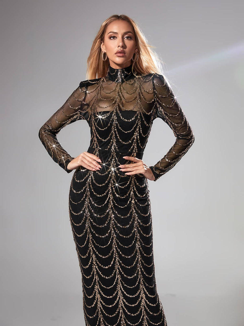 Melisande Long Sleeve Sequin Maxi Dress In Black