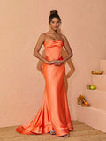 Meris Spaghetti Satin Maxi Dress In Orange