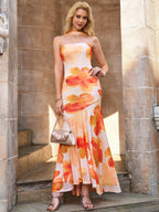 Mesh Floral Print Asymmetrical Hem Ribbon Decoration Tube Dress