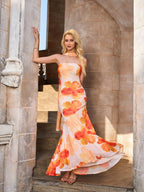 Mesh Floral Print Asymmetrical Hem Ribbon Decoration Tube Dress