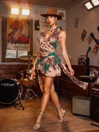 Halterneck Leopard Ruffle Draped Mini Dress