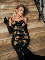 Butterfly Chain Embellished Velvet Dress
