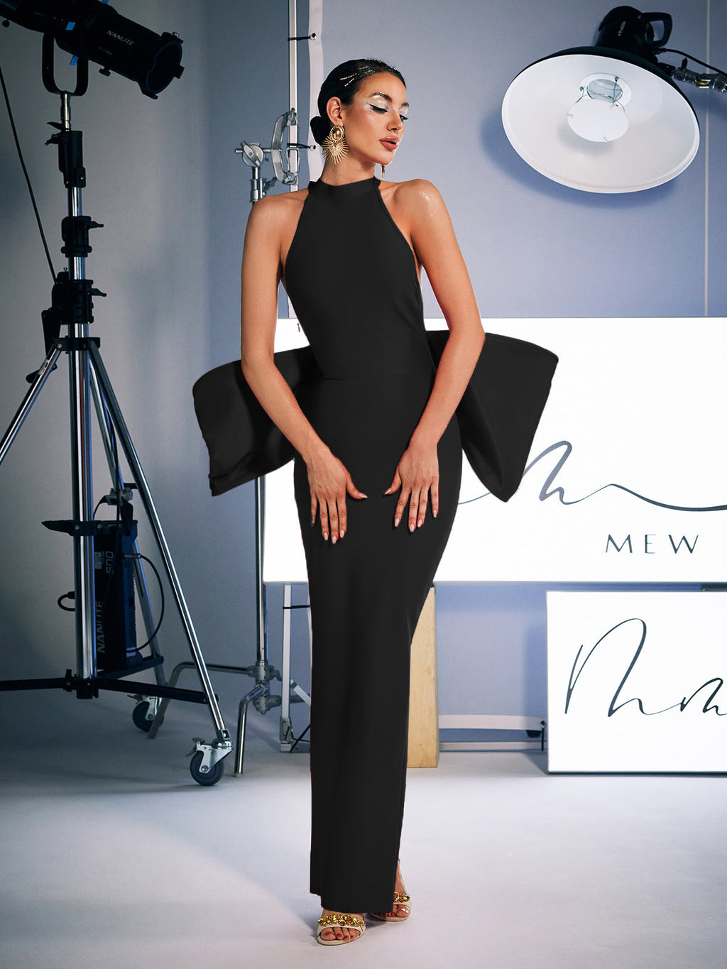 Bow Bandage Split Dress In Black
