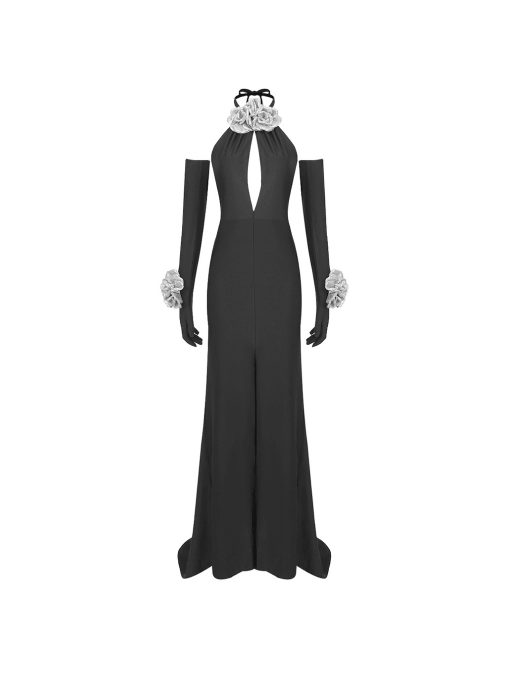 Halterneck Flower Split Dress With Gloves
