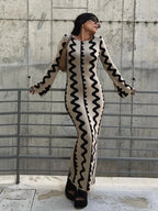 Elegant Wave Striped Oneck Maxi Knitted Bodycon Dress