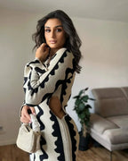 Elegant Wave Striped Oneck Maxi Knitted Bodycon Dress