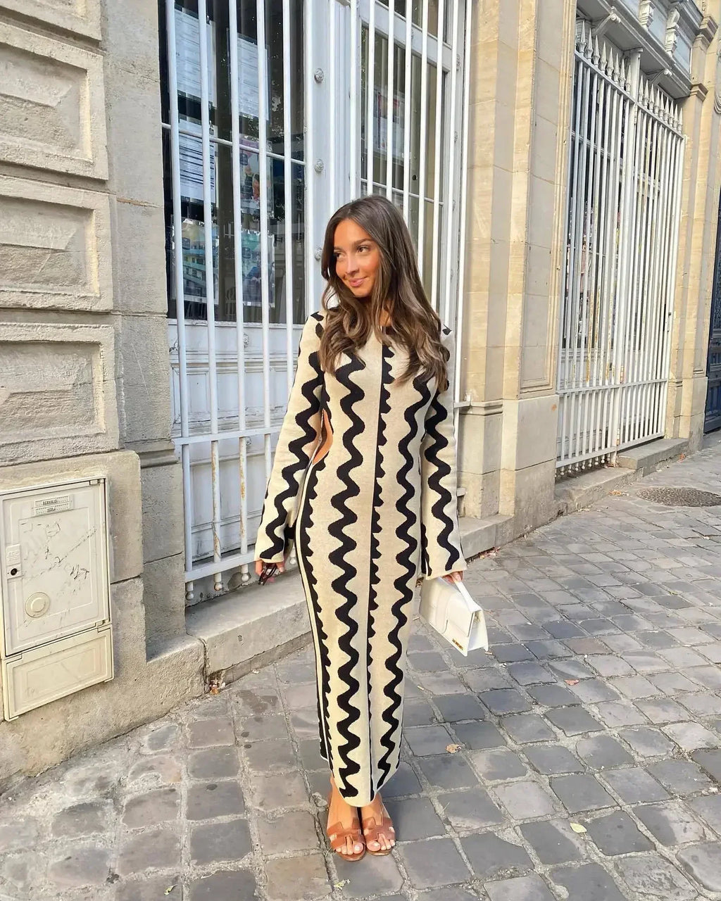 Elegant Wave Striped Oneck Maxi Knitted Bodycon Dress