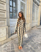 Elegant Wave Striped Oneck Maxi Knitted Bodycon Dress