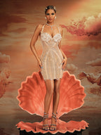 Halterneck Crystal Mesh Mini Dress In Nude