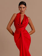 Red Backless Halter V-Neck Maxi Bodycon Party Dress