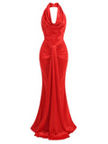 Red Backless Halter V-Neck Maxi Bodycon Party Dress