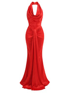 Red Backless Halter V-Neck Maxi Bodycon Party Dress
