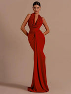 Sexy Backless Sleeveless Halter V-Neck Red Draped Maxi Bodycon Elegant Party Dress