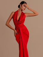 Sexy Backless Sleeveless Halter V-Neck Red Draped Maxi Bodycon Elegant Party Dress