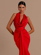 Sexy Backless Sleeveless Halter V-Neck Red Draped Maxi Bodycon Elegant Party Dress
