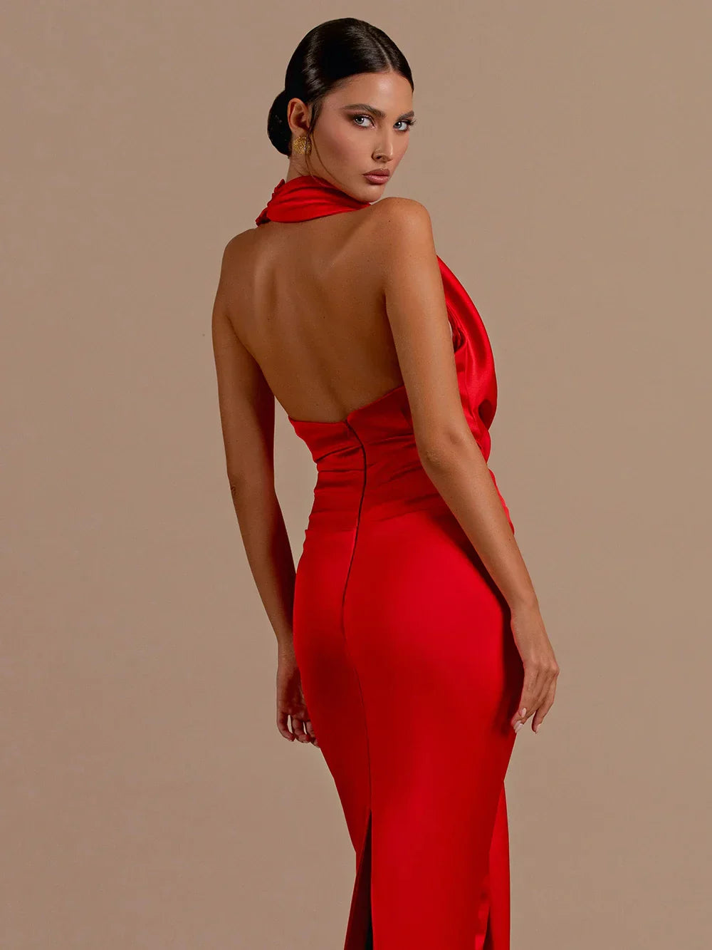 Sexy Backless Sleeveless Halter V-Neck Red Draped Maxi Bodycon Elegant Party Dress