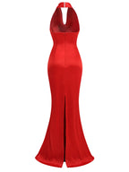 Sexy Backless Sleeveless Halter V-Neck Red Draped Maxi Bodycon Elegant Party Dress
