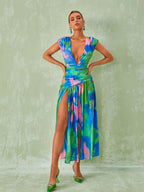 Monique Plunge Neck Split Printed Dress