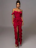 Mozision Elegant Ruffle Sexy Maxi Dress Women Spaghetti Strap Flower Party Dress