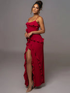 Mozision Elegant Ruffle Sexy Maxi Dress Women Spaghetti Strap Flower Party Dress