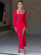 DressBetty - 2024 Square Collar Drawstring High Split Maxi Dress Elegant Autumn Cut Out Dresses