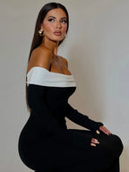 Contrast Color Offshoulder Backless Maxi Dress