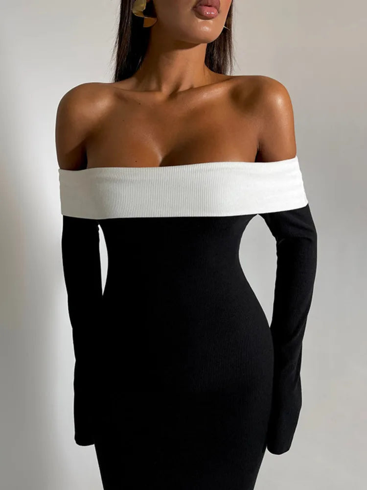 Contrast Color Offshoulder Backless Maxi Dress