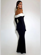 Contrast Color Offshoulder Backless Maxi Dress